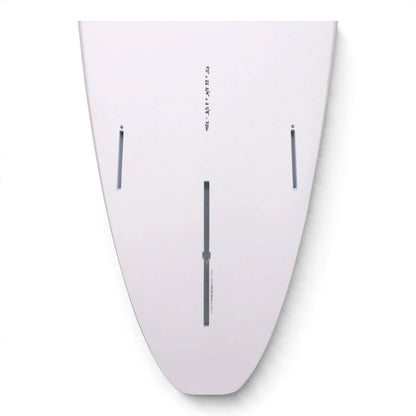 The underside of a surfboard shown from above, featuring three fins boxes and a dimensions written down. 