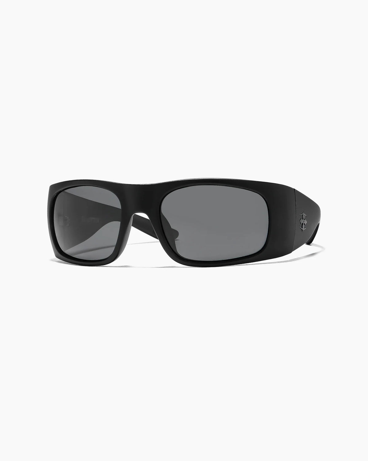 Transmitter by NOA Matte Black Sunglasses with smoke tinted lenses, wide black temples, and signature logo detailing, shown from an angled front view.