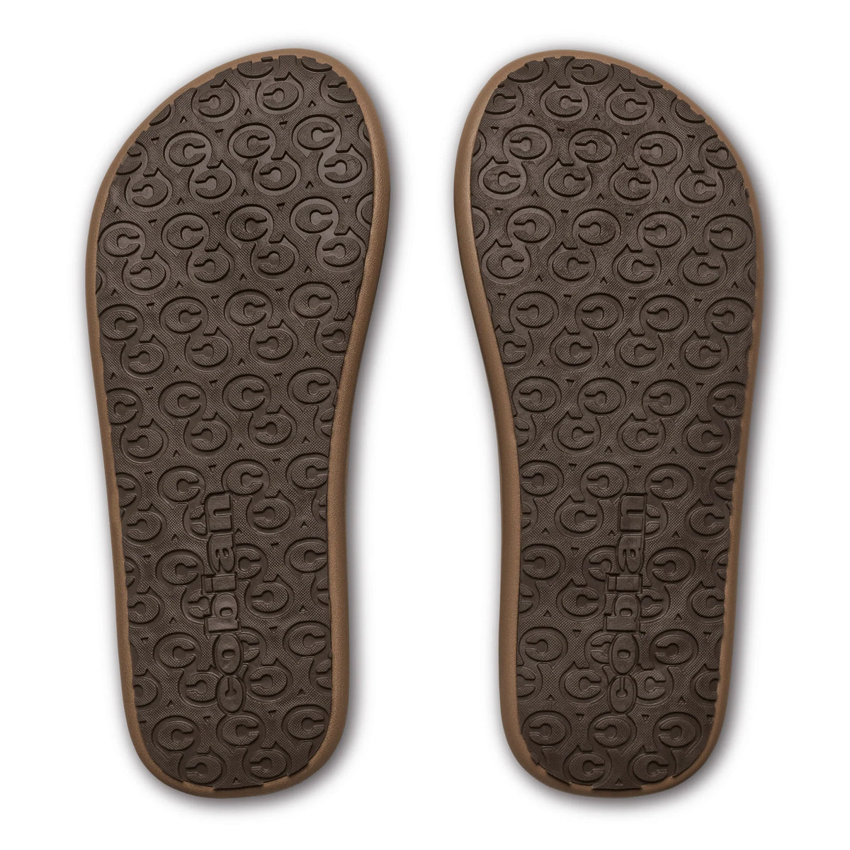 Cobian Venture Men's Flip Flops in Tan featuring brown rubber outsoles with a repeating Cobian logo traction pattern for added grip.