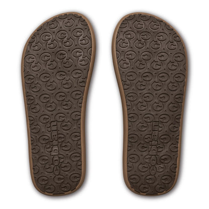 Cobian Venture Men's Flip Flops in Tan featuring brown rubber outsoles with a repeating Cobian logo traction pattern for added grip.