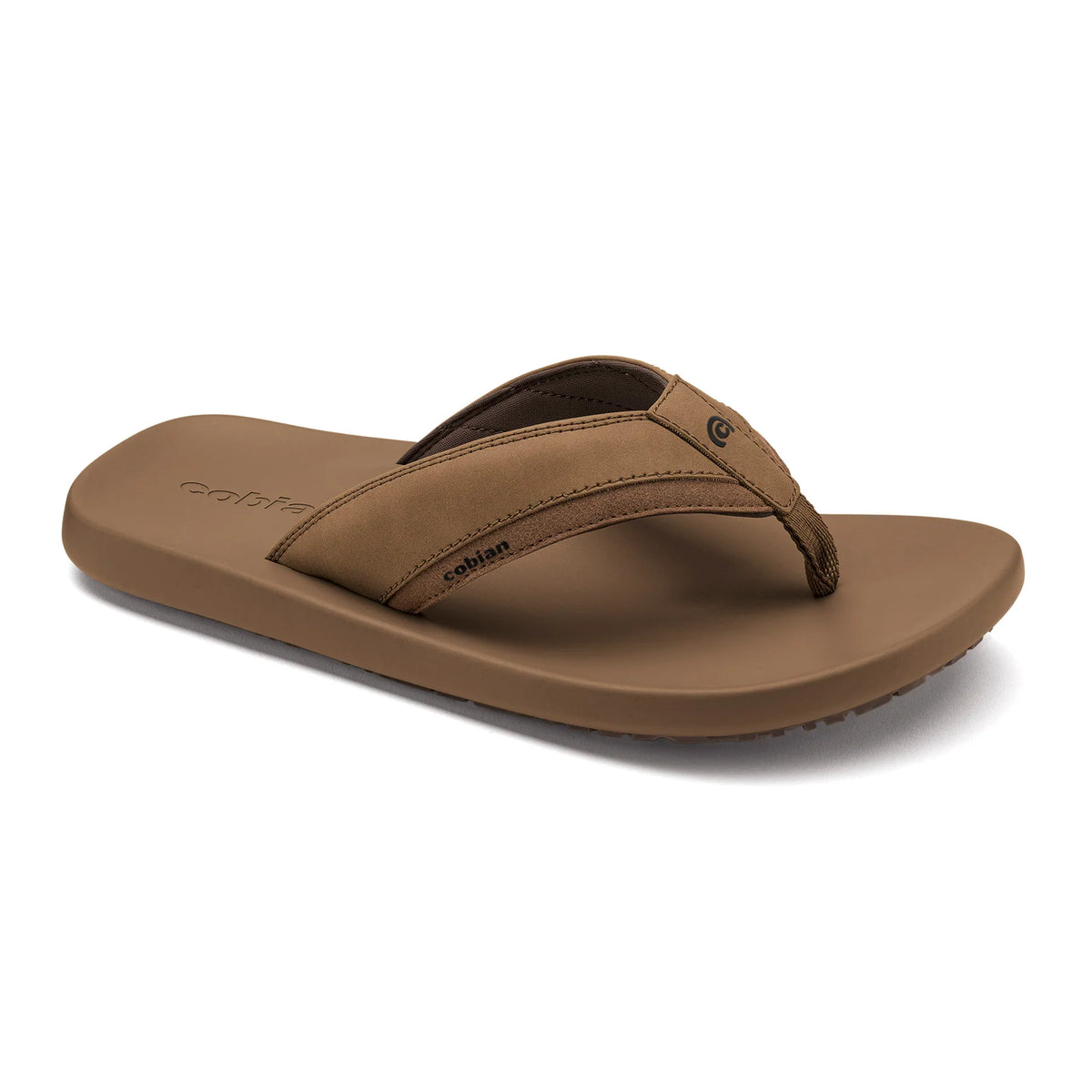 Cobian Venture Men's Flip Flops in Tan featuring a cushioned brown footbed, stitched tan synthetic straps, and Cobian logo detailing.