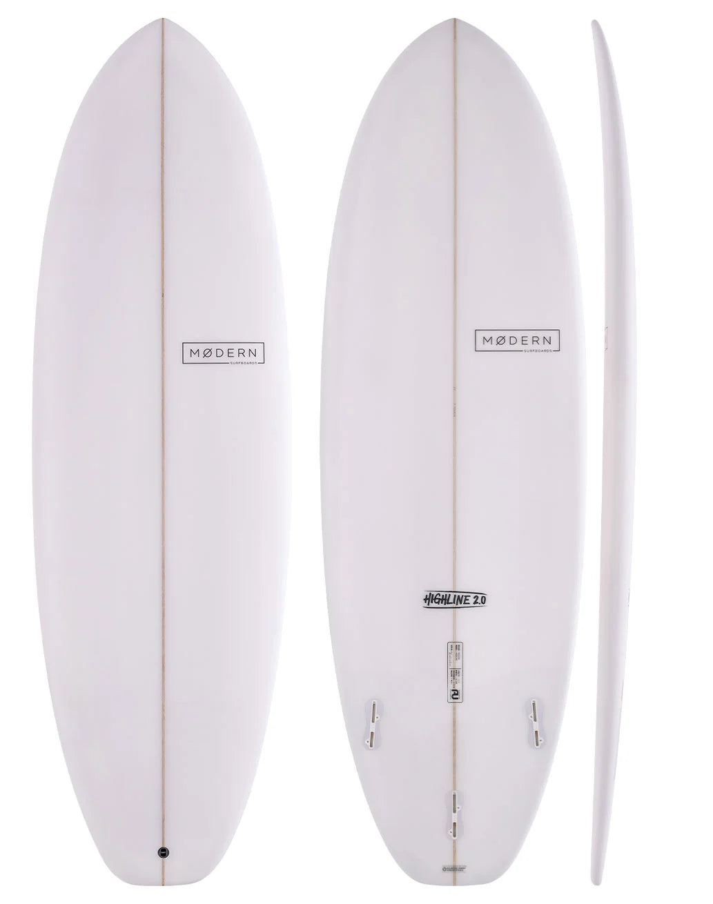 A white surfboard shown from three angles: top, bottom, and side profile, against a plain white background. The board features the 'MODERN' brand logo on the top and bottom.
