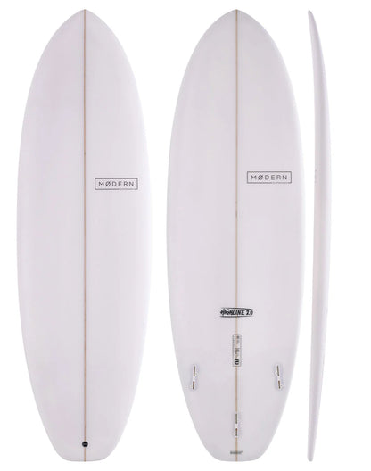 A white surfboard shown from three angles: top, bottom, and side profile, against a plain white background. The board features the 'MODERN' brand logo on the top and bottom.