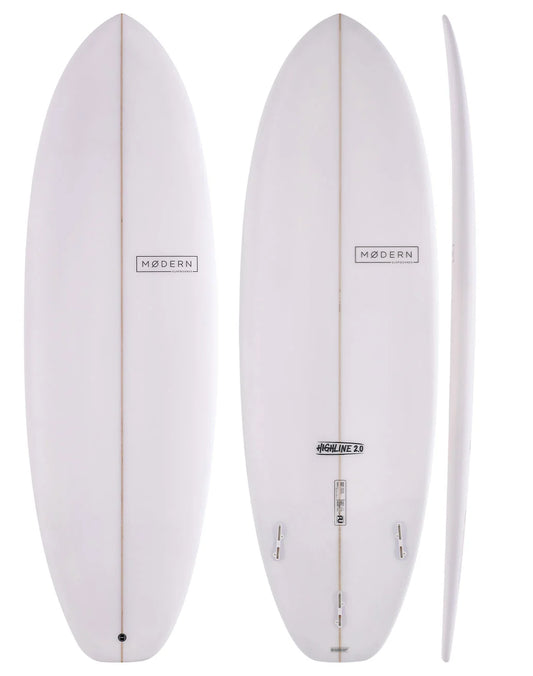 A white surfboard shown from three angles: top, bottom, and side profile, against a plain white background. The board features the 'MODERN' brand logo on the top and bottom.