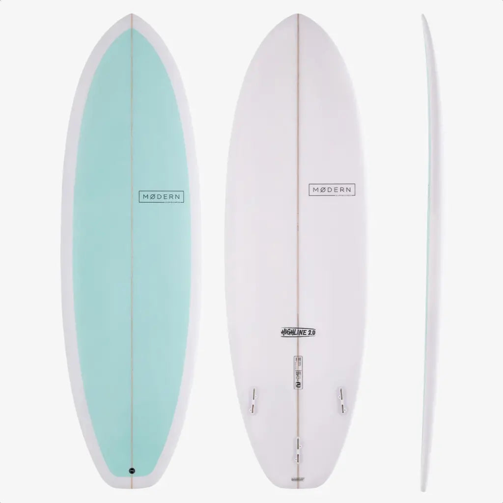 A surfboard shown from three angles against a light gray background: a full front view with a mint green center panel and white edges, a full back view in white with a small black 'MODERN' logo, and a thin side profile view.