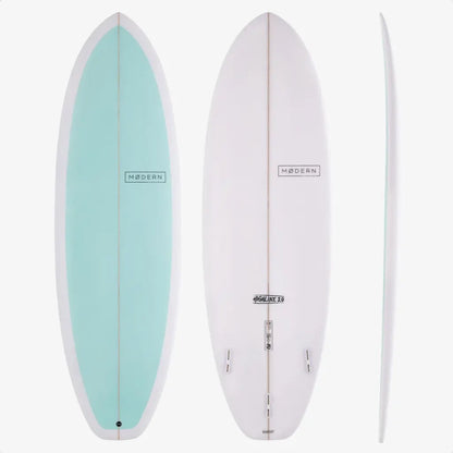 A surfboard shown from three angles against a light gray background: a full front view with a mint green center panel and white edges, a full back view in white with a small black 'MODERN' logo, and a thin side profile view.