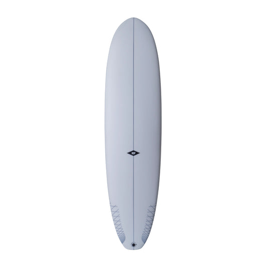 White surfboard with NSP logo. 