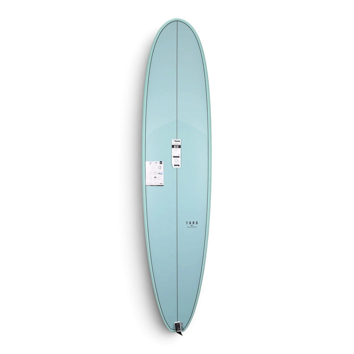 A light blue surfboard shown from the bottom side against a plain white background, featuring a dual-fin setup and white stickers on the deck.