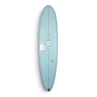 A light blue surfboard shown from the bottom side against a plain white background, featuring a dual-fin setup and white stickers on the deck.