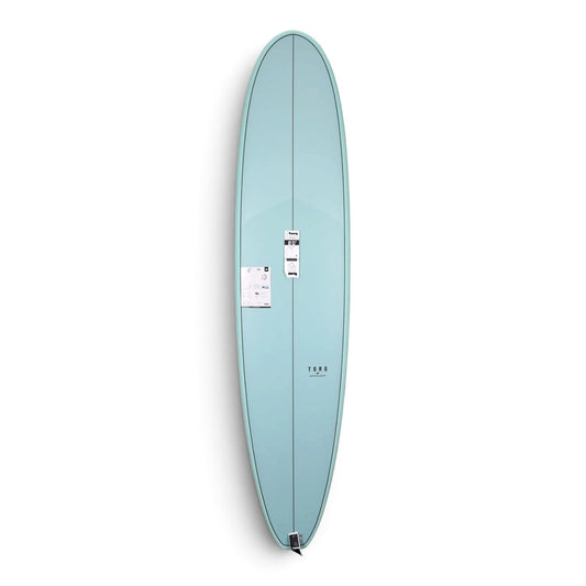 A light blue surfboard shown from the bottom side against a plain white background, featuring a dual-fin setup and white stickers on the deck.