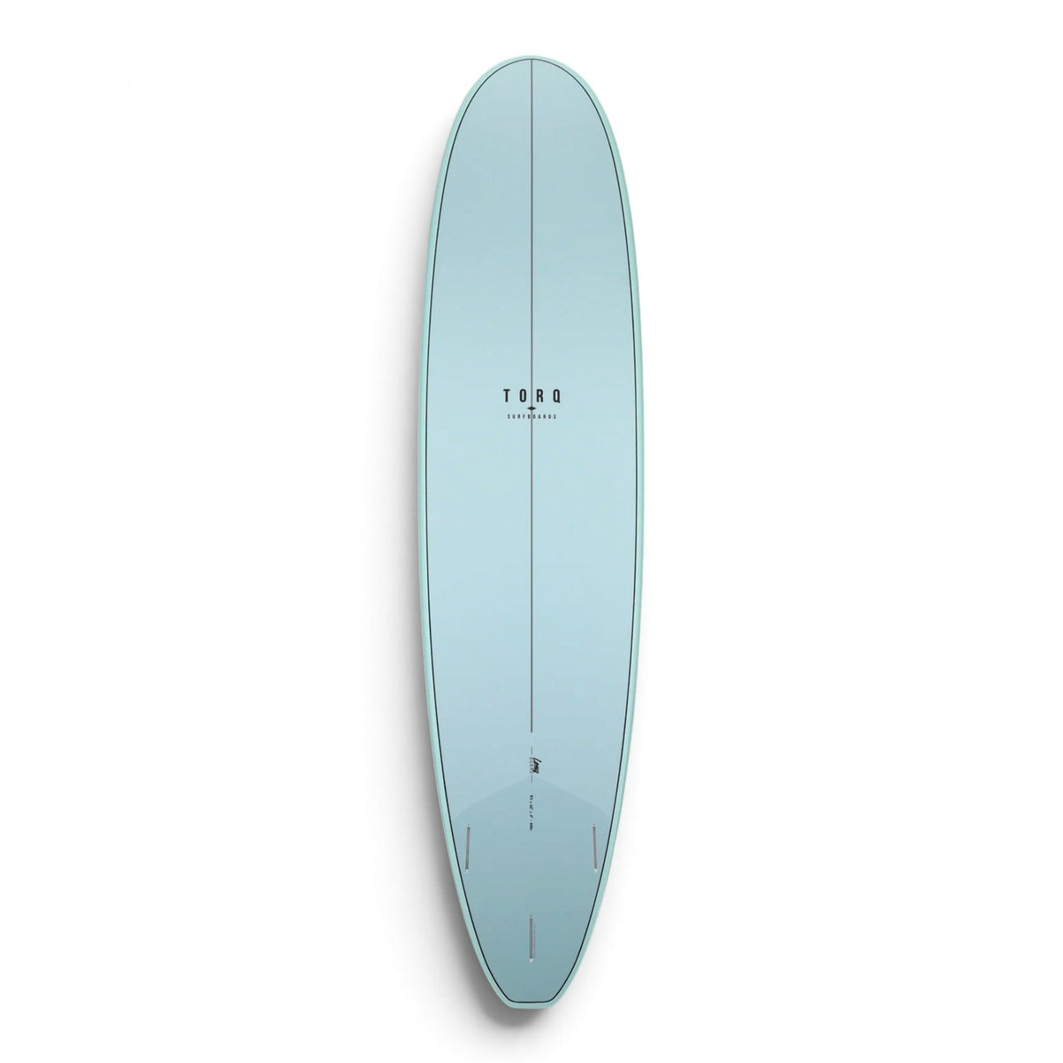 A light blue surfboard with three fin boxes against a clean white background.