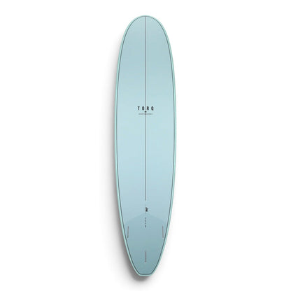 A light blue surfboard with three fin boxes against a clean white background.
