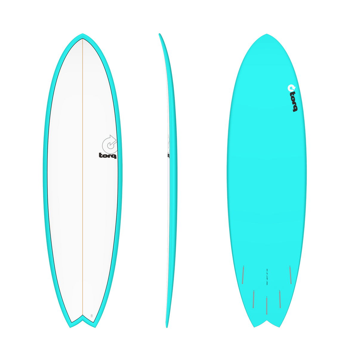 A turquoise and white surfboard shown from three angles: top view, side profile, and bottom view. The board features a bright turquoise border, a white center, and the brand name 'bora' printed on the deck.