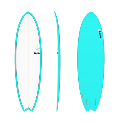 A turquoise and white surfboard shown from three angles: top view, side profile, and bottom view. The board features a bright turquoise border, a white center, and the brand name 'bora' printed on the deck.