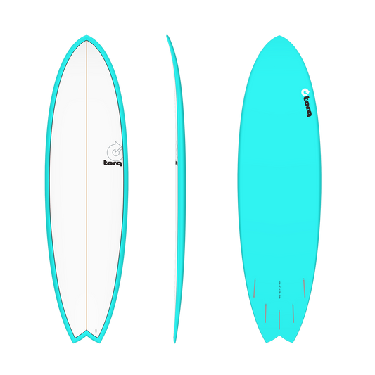 A turquoise and white surfboard shown from three angles: top view, side profile, and bottom view. The board features a bright turquoise border, a white center, and the brand name 'bora' printed on the deck.